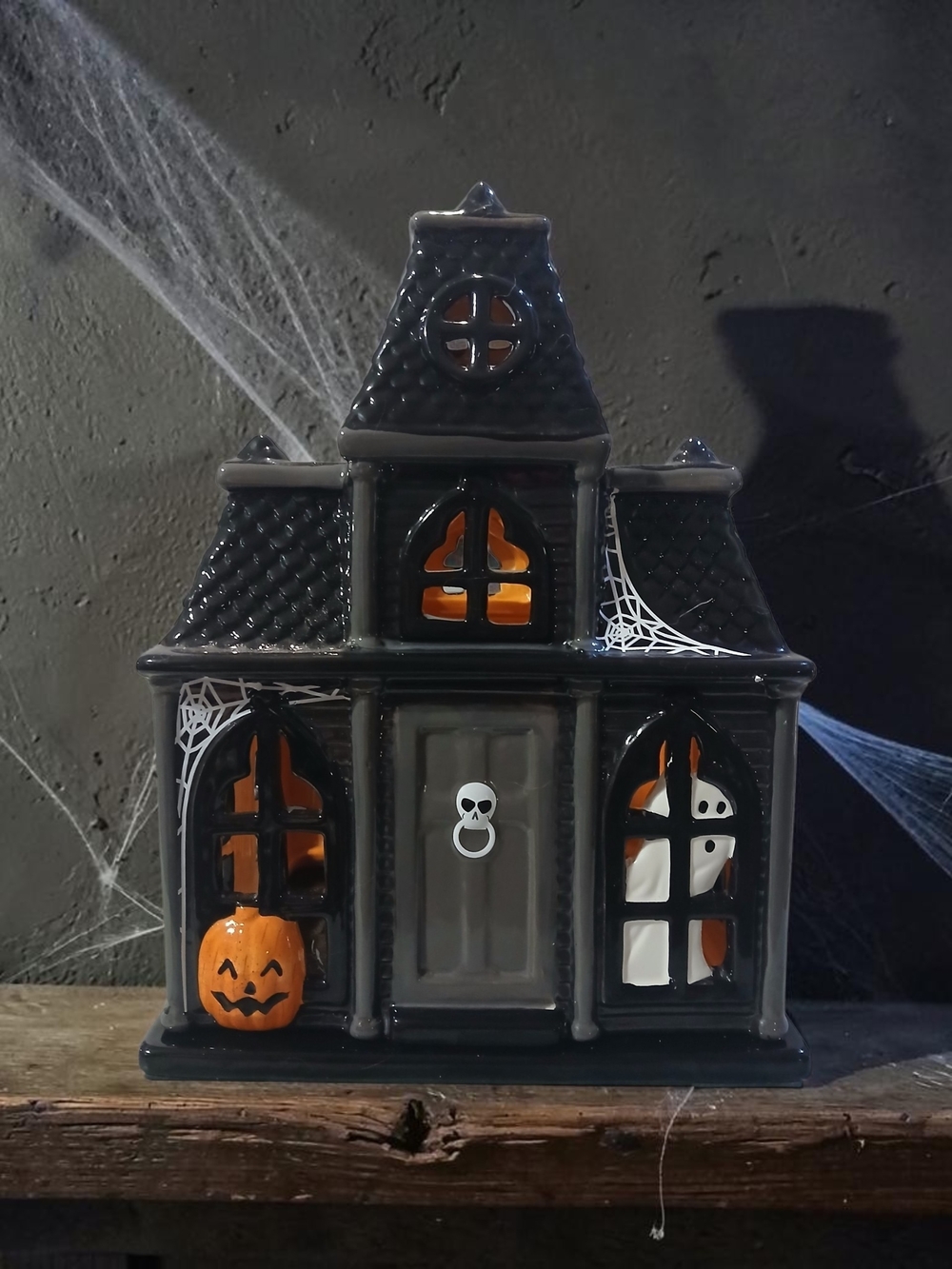 Ceramic Gray Halloween Haunted House Luminary with Orange Accents